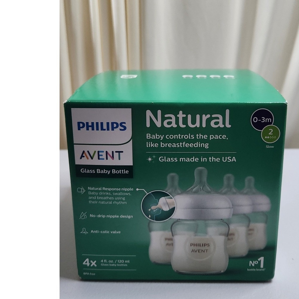 Philips Avent Natural Glass Baby Bottle 4oz 4pk 0-3m Flow 2 Nipple SCY910/04